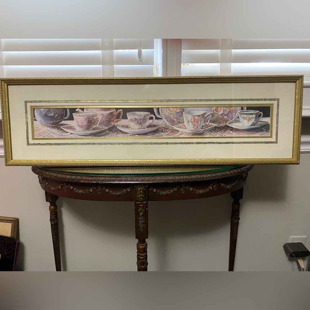 Teacups! Beautifully framed in gold; matted w/ gold foil & blue trim.